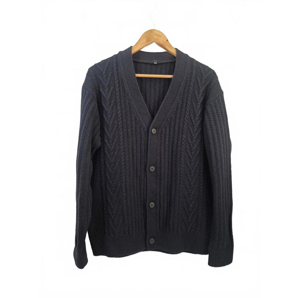 Miju Mens 100% Wool Navy Blue Cable Knit Cardigan V-Neck Button Front